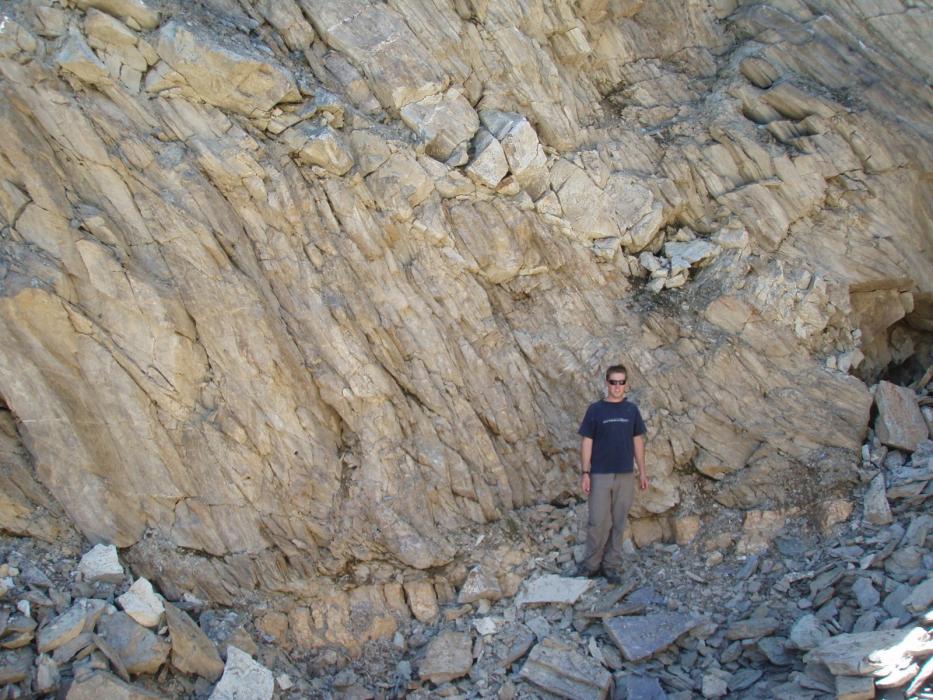 Dardenelles Vein Dipping Approx 30 Degrees Left to Right About 3-4 feet Above the Person's Head Near the Historical Adit at the Wildhorse Gold Project in Southeastern British Columbia