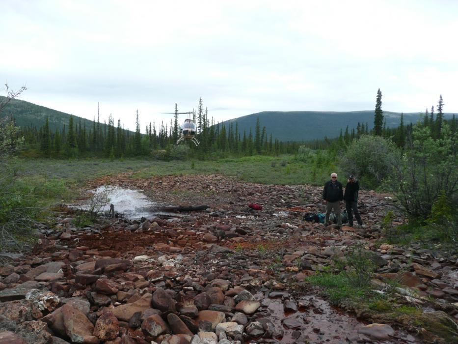 Helicopter landing at the Rusty Springs Critical Metals Exploration Project Zone Yukon Territory