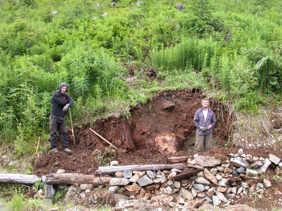 Exploraation Crew Trench Sampling at the Shae Zone of hte Elsiar (LCR) Project in Northwestern British Columbia