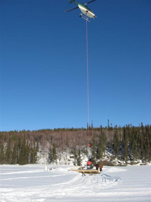 Helicopter Long Lining in Drill Rig for a Drill Program at the Karin lake Uranium Project in Northern Saskatchewan