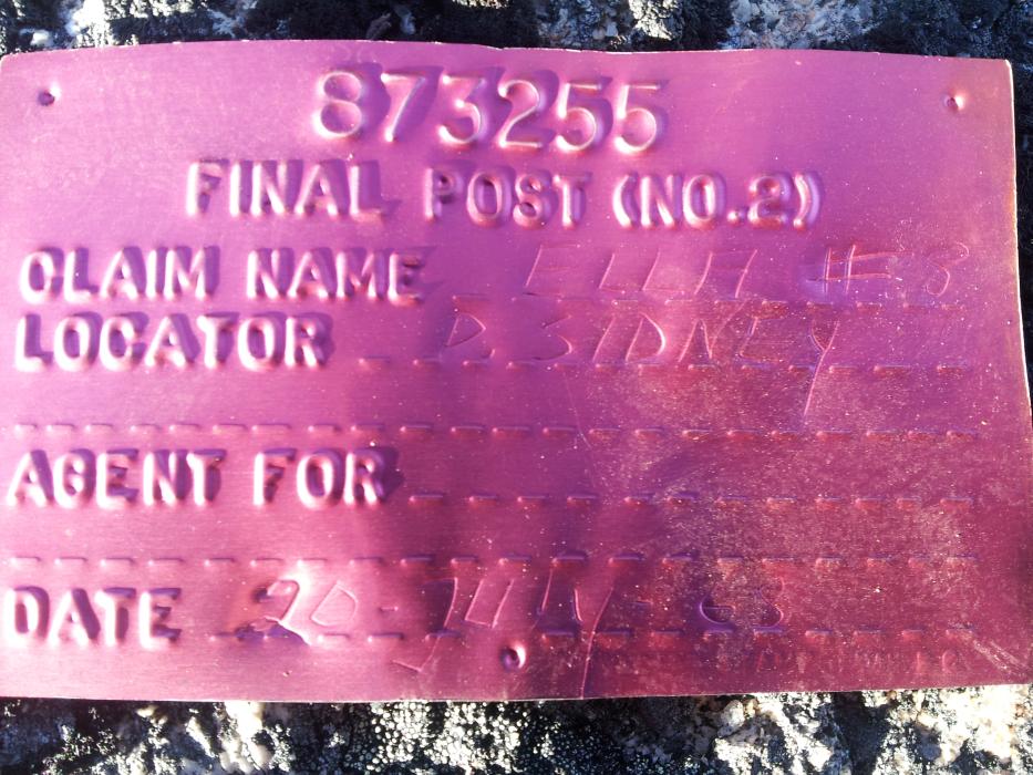 A mineral claim tag from an Eagle Plains project in northwest BC