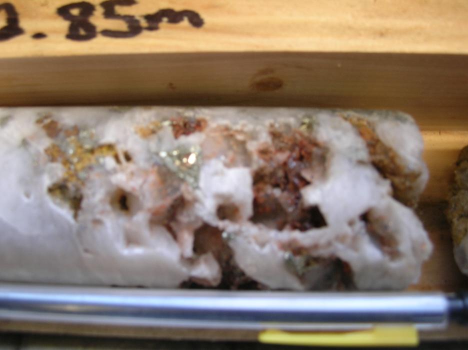 2009 Drill core with the molybdenum mineralization washed out during the drilling process at the Sphinx Molybdenum Project in Southeastern British Columbia