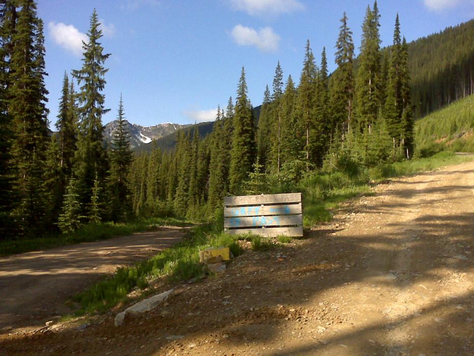 Fork in the road on the Gray Creek Pass.near the Sphinx Molybdenum exploration project in Southeastern British Columbia