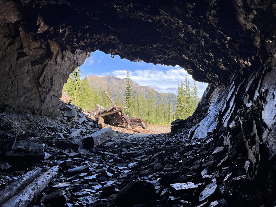 Veiw from inside old mine workings at the Findlay Project in Southeast BC