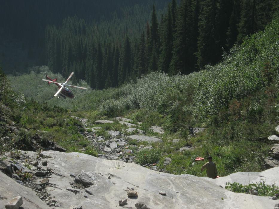 Helicopter pick up for crews exploring at the Ice River Complex in Southeast BC 2012