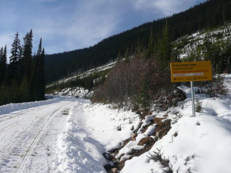Gray Creek Pass Road plowed for the 2009 drill program at the Sphinx Molybdenum Project in Southesatern British Columbia