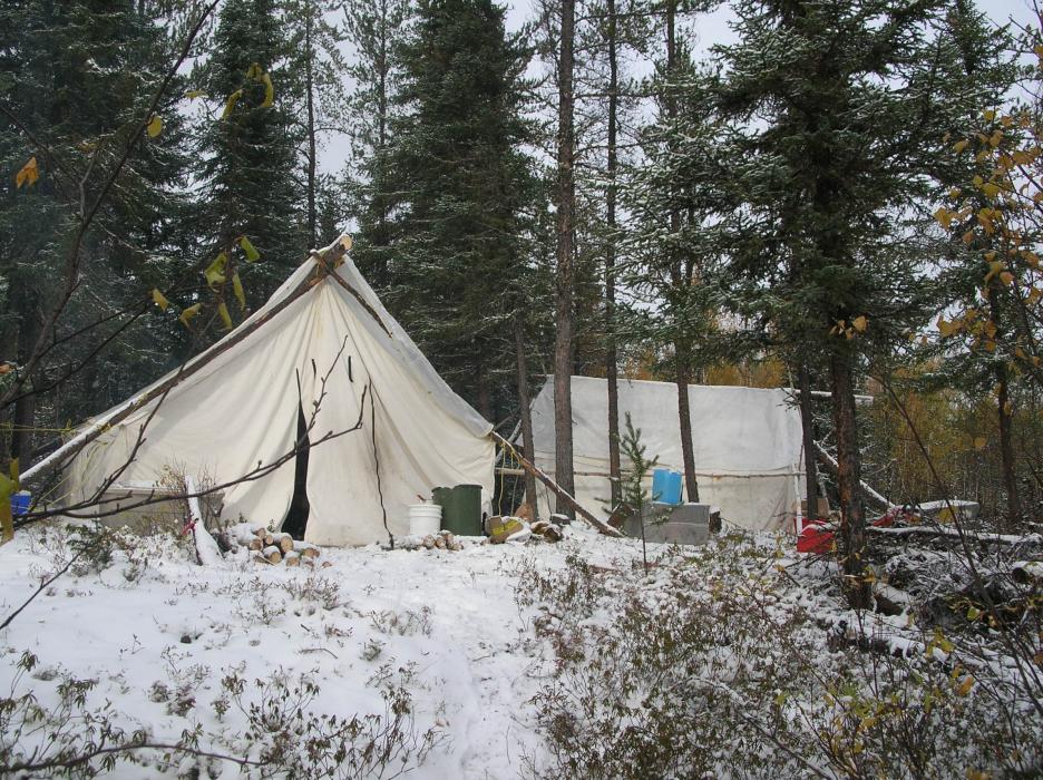 Wall tent exploration camp in winter in Saskatchewan 