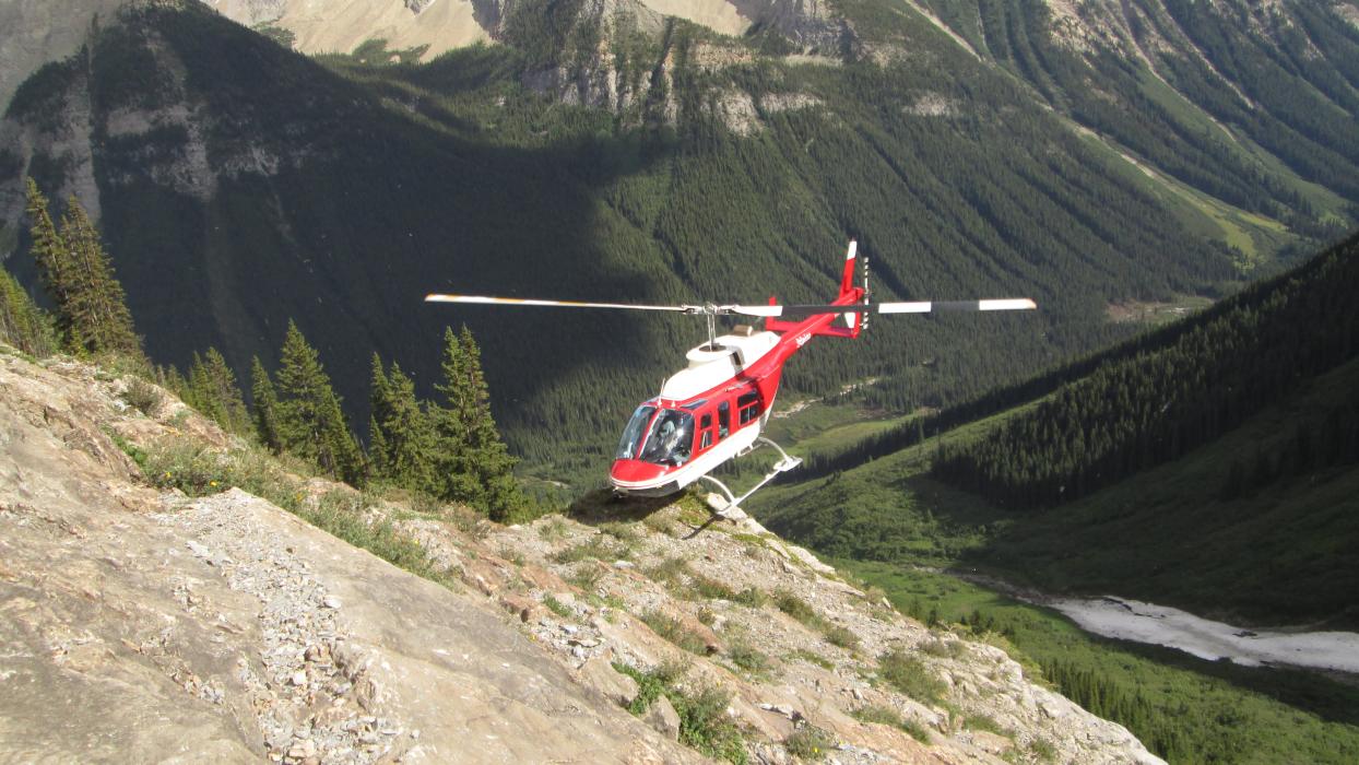 A helicopter toed in on a steep slope at the Ice River Complex in SE BC